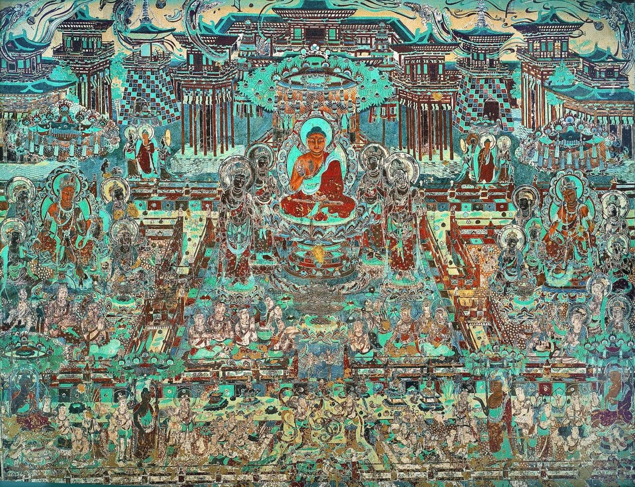 A Tang-dynasty mural of a Buddhist paradise, with palaces, musicians and rows of figures, in Cave 217 of the Mogao Caves