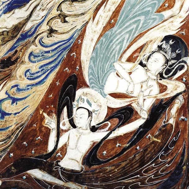 A flying celestial figure trailing ribbons, painted on the ceiling of Cave 285 of the Mogao Caves