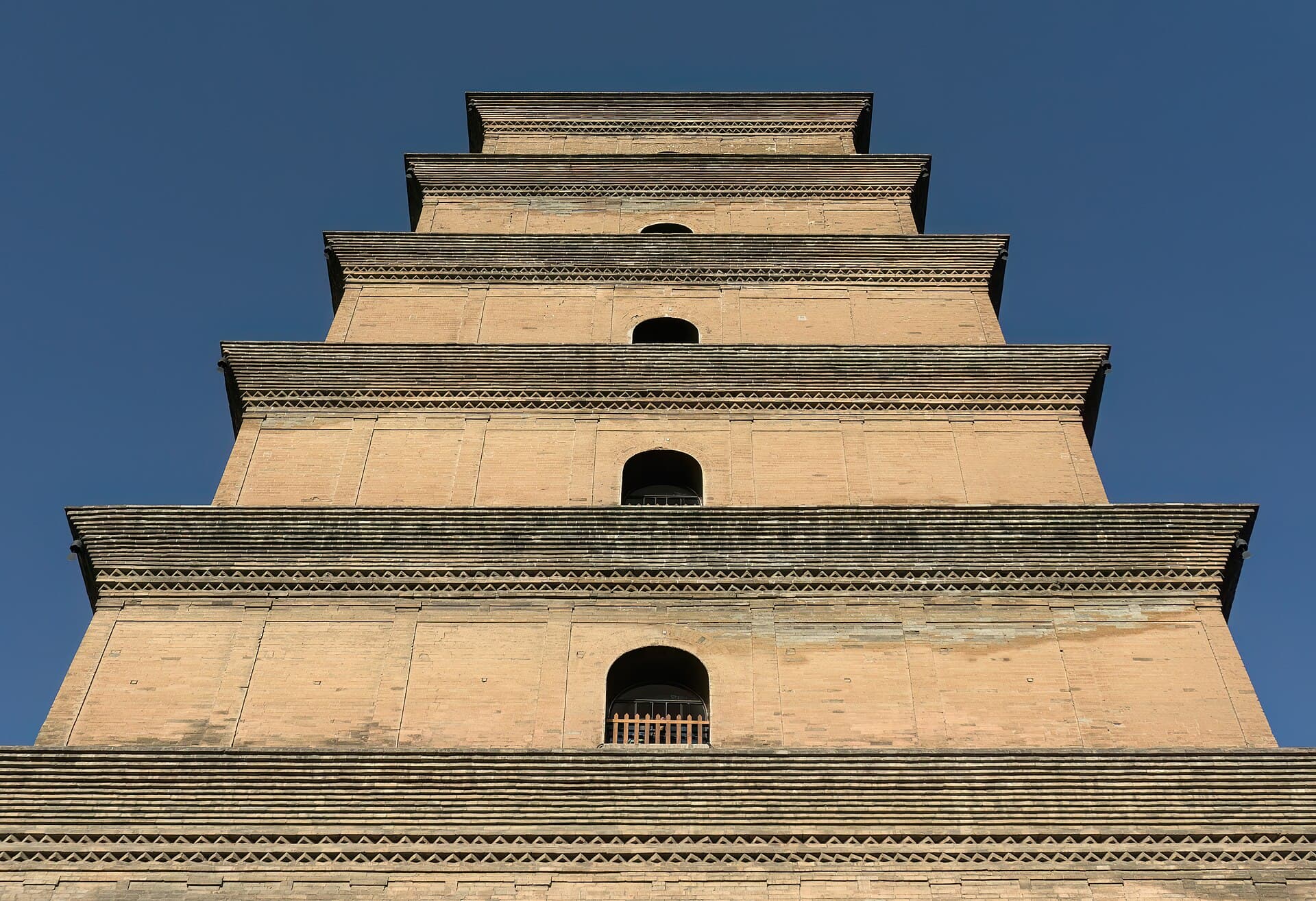 The square, seven-storey brick Giant Wild Goose Pagoda against a blue sky