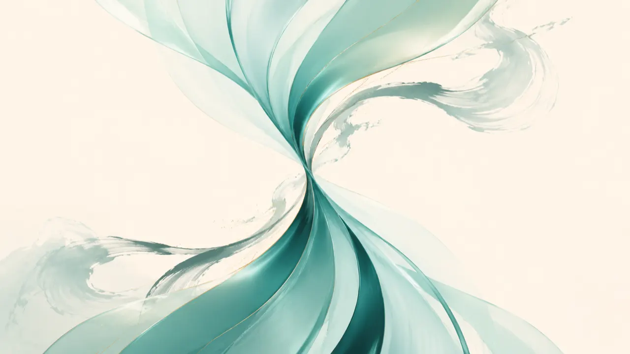 Abstract teal ribbons curving like flowing time, evoking the long arc of learning Mandarin Chinese.