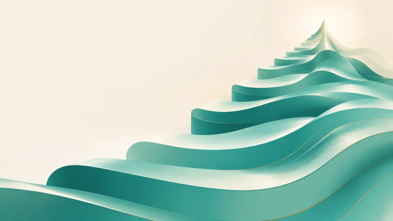 Abstract teal ribbons forming ascending steps, evoking the HSK proficiency ladder from beginner to fluent.
